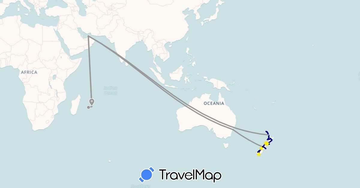TravelMap itinerary: driving, plane in United Arab Emirates, Australia, Mauritius, New Zealand, Réunion (Africa, Asia, Oceania)
