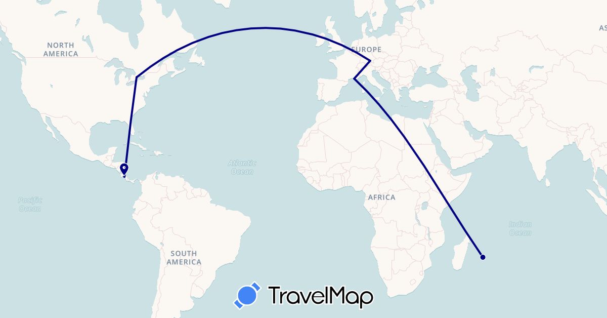 TravelMap itinerary: driving in Canada, Costa Rica, Germany, France (Europe, North America)